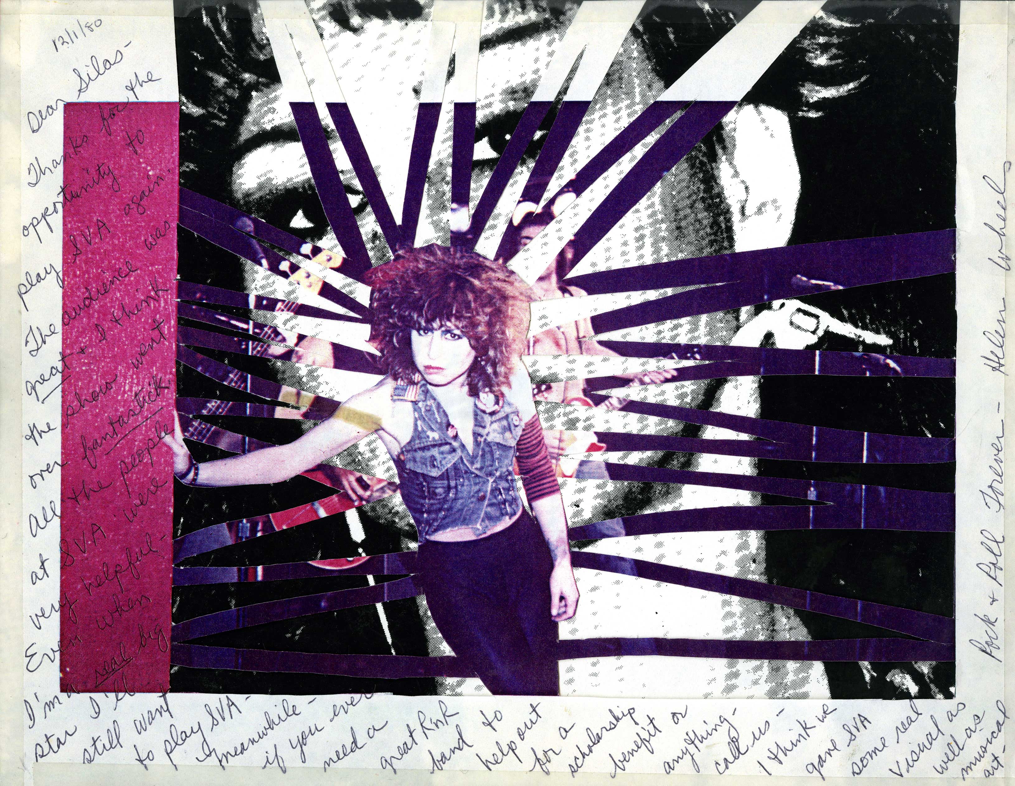 collage of woman over her own face with lines through it